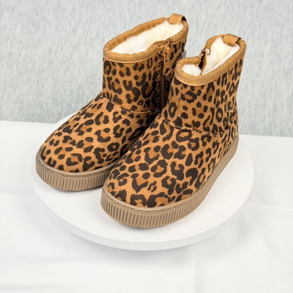 Cat & Jack Toddler Leopard Print Faux Fur Lined Ankle Boots Brown Size 8 NEW